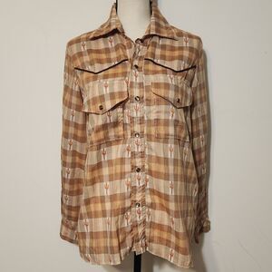 Vintage Pearl Snap Western Shirt Embroidered Saguaro Cactus Southwest Cowgirl M